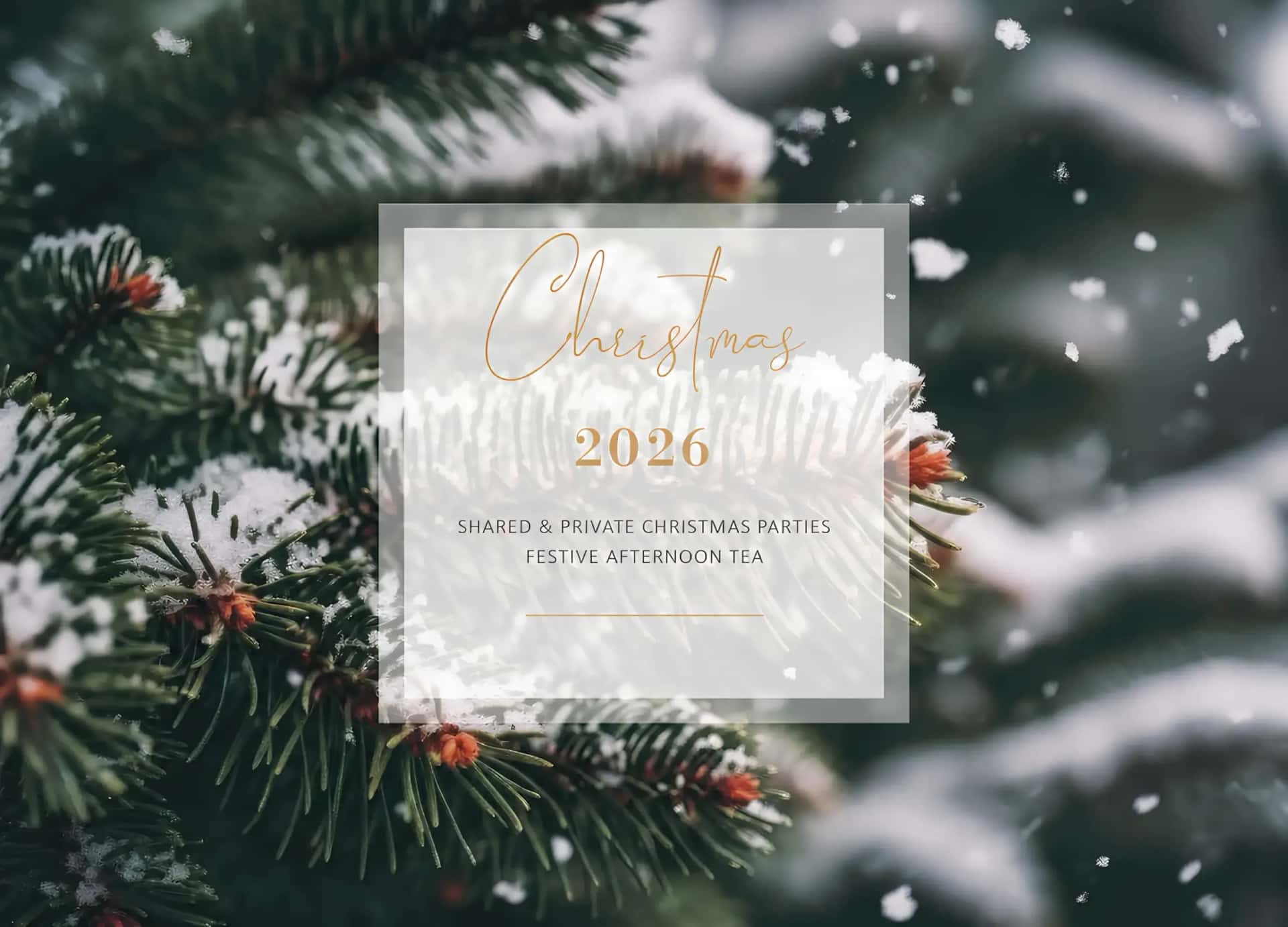 Snowy pine branches with falling flakes and a 'Christmas 2026' event details overlay.