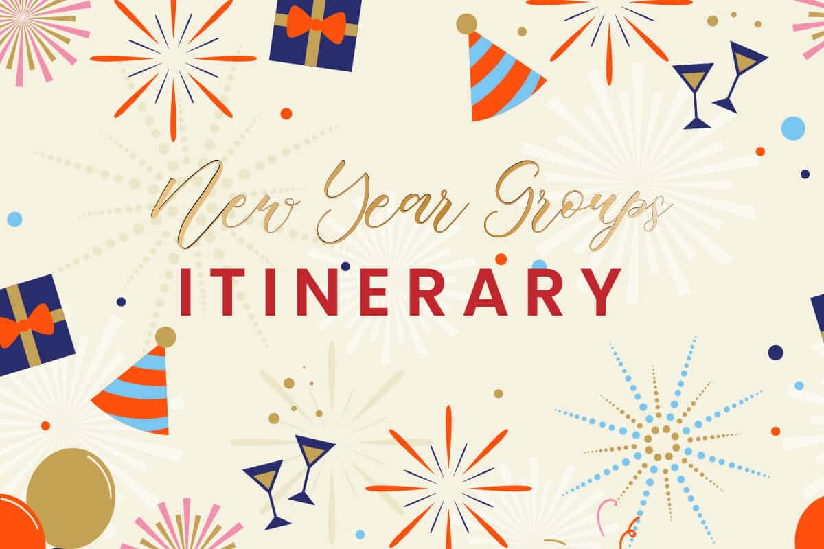 Festive New Year's Eve pattern featuring party hats, fireworks, confetti, and cocktail glasses on a cream background.