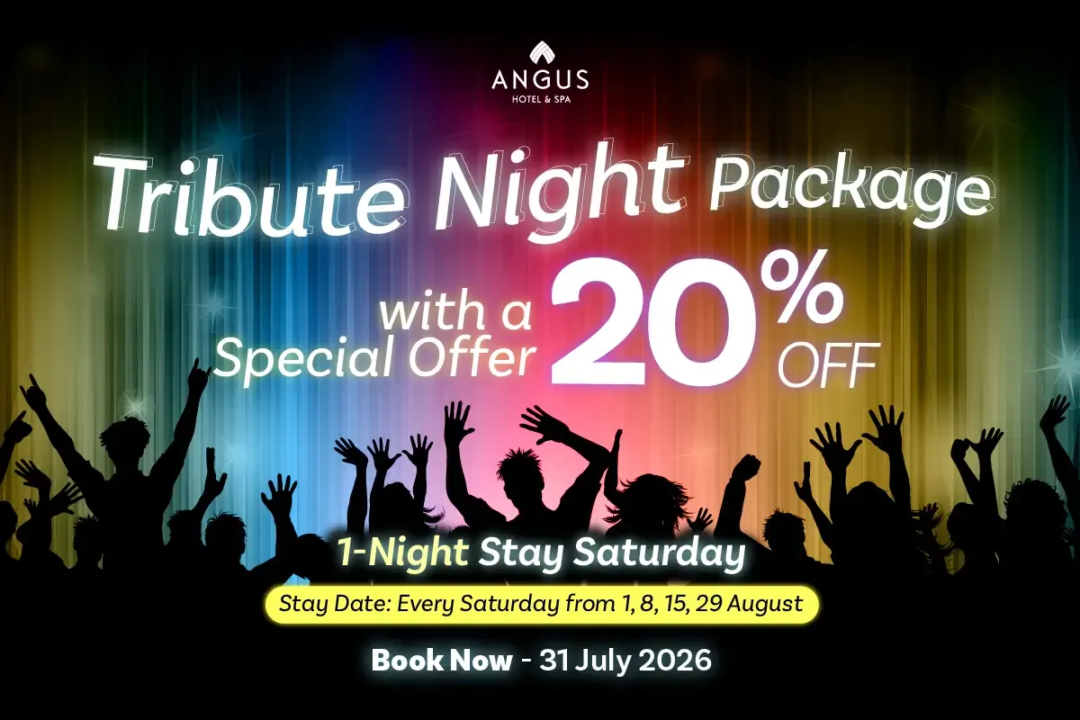 Promotional advertisement with dancing silhouettes under colorful lights, featuring "Tribute Night Package 20% OFF