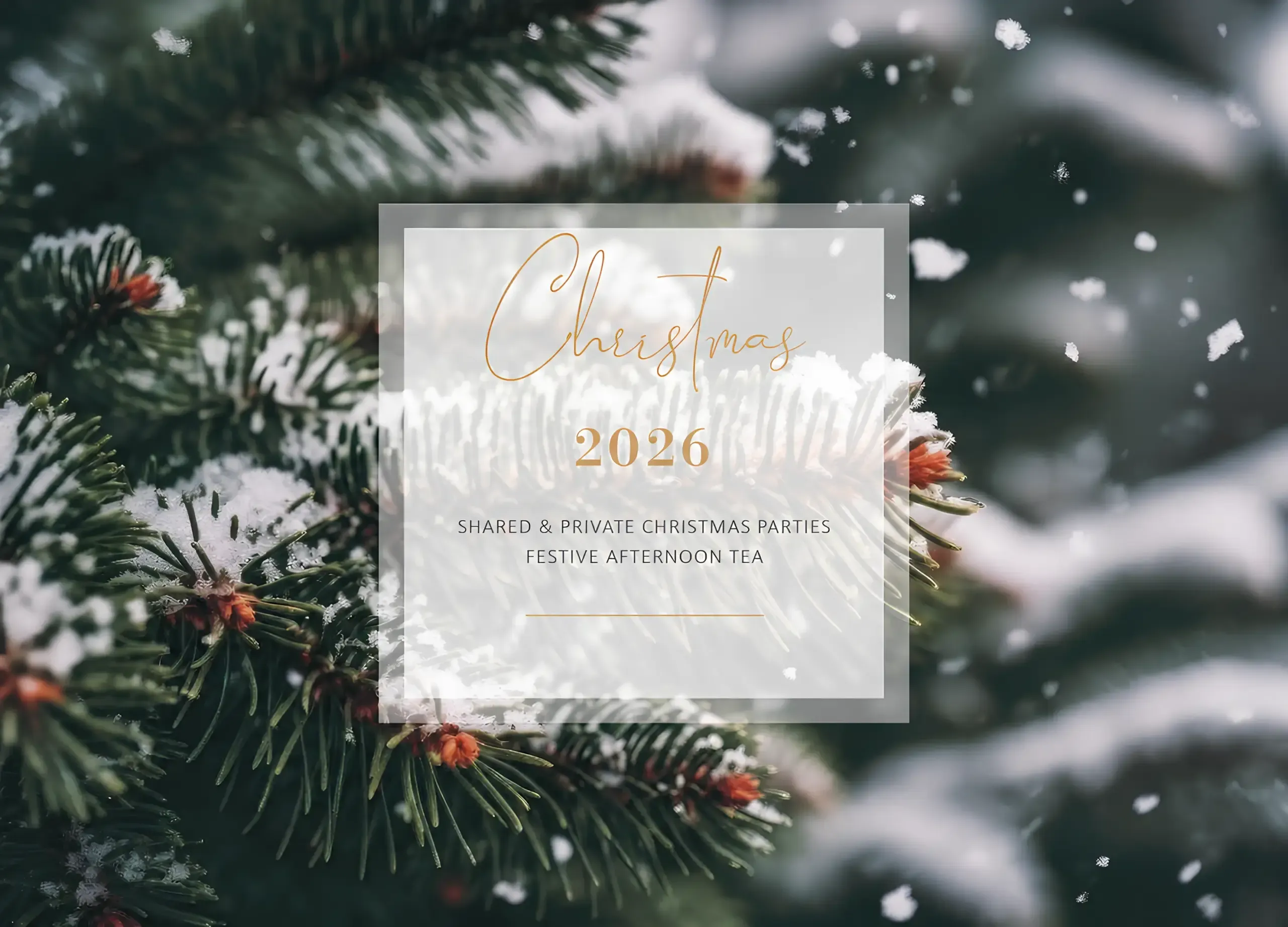 Snowy pine branches with falling flakes and a 'Christmas 2026' event details overlay.