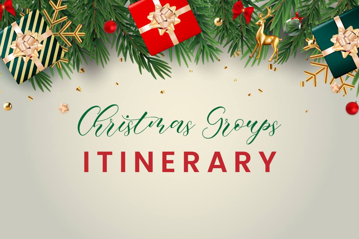 Christmas groups itinerary text framed by festive pine branches, gift boxes, ornaments, and a gold reindeer.