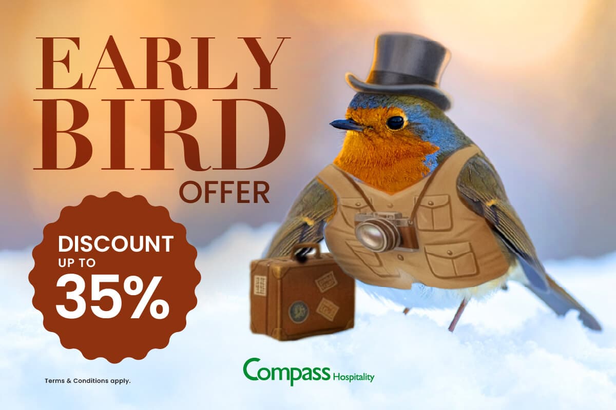 Anthropomorphic bird wearing a top hat and vest carries a suitcase and camera through snow.