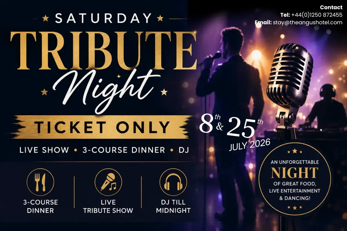 A singer on stage with a vintage microphone, a DJ, and event text for a tribute night.