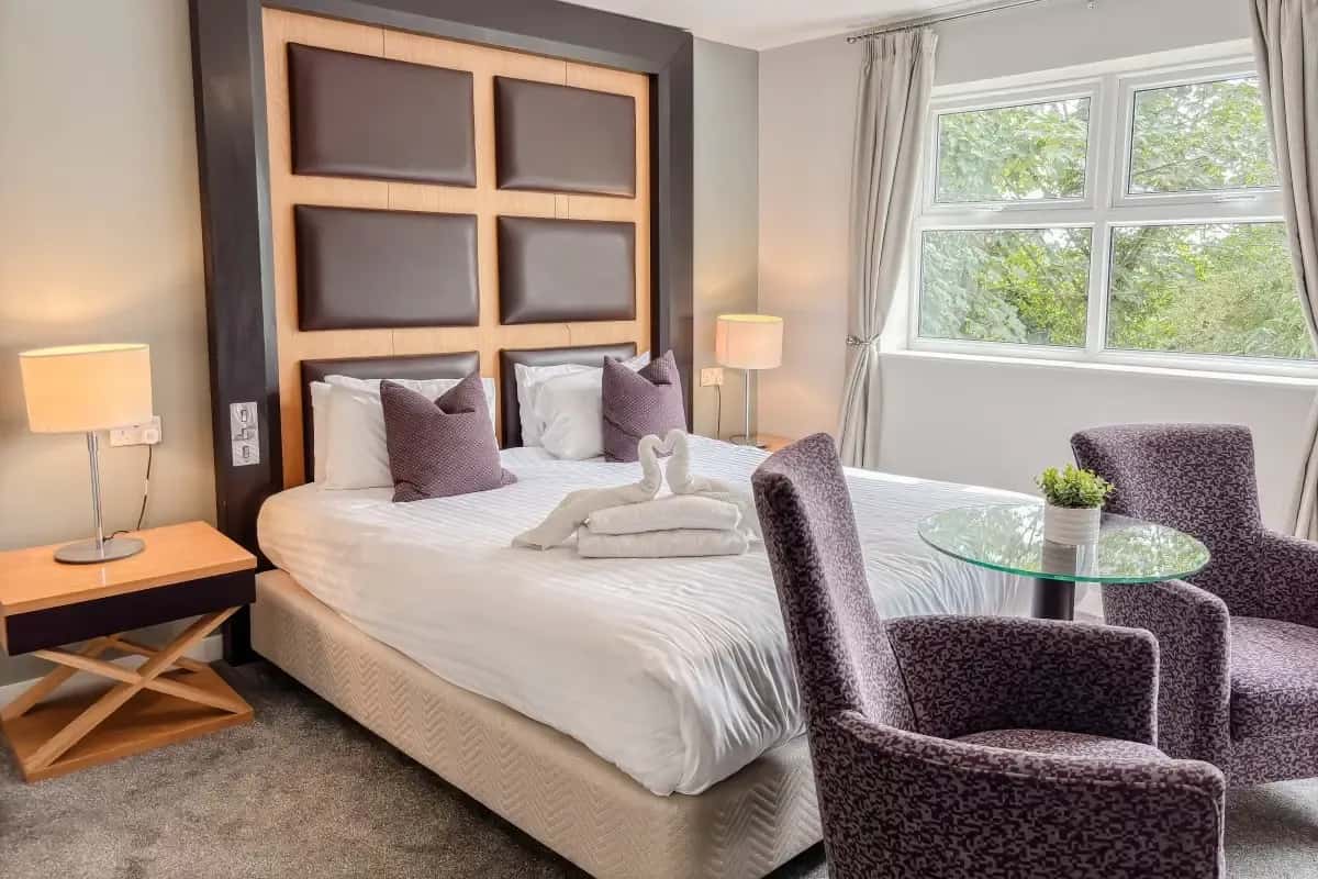 Hotel room with a large bed, purple armchairs, a glass table, and a window overlooking trees